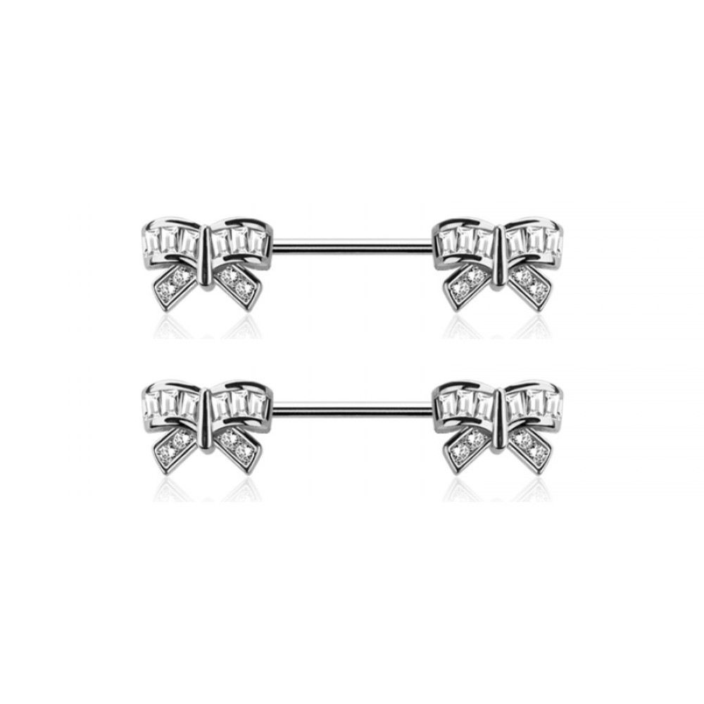 CZ Crystal Bows Nipple Barbells - Pair - 316L Stainless Steel