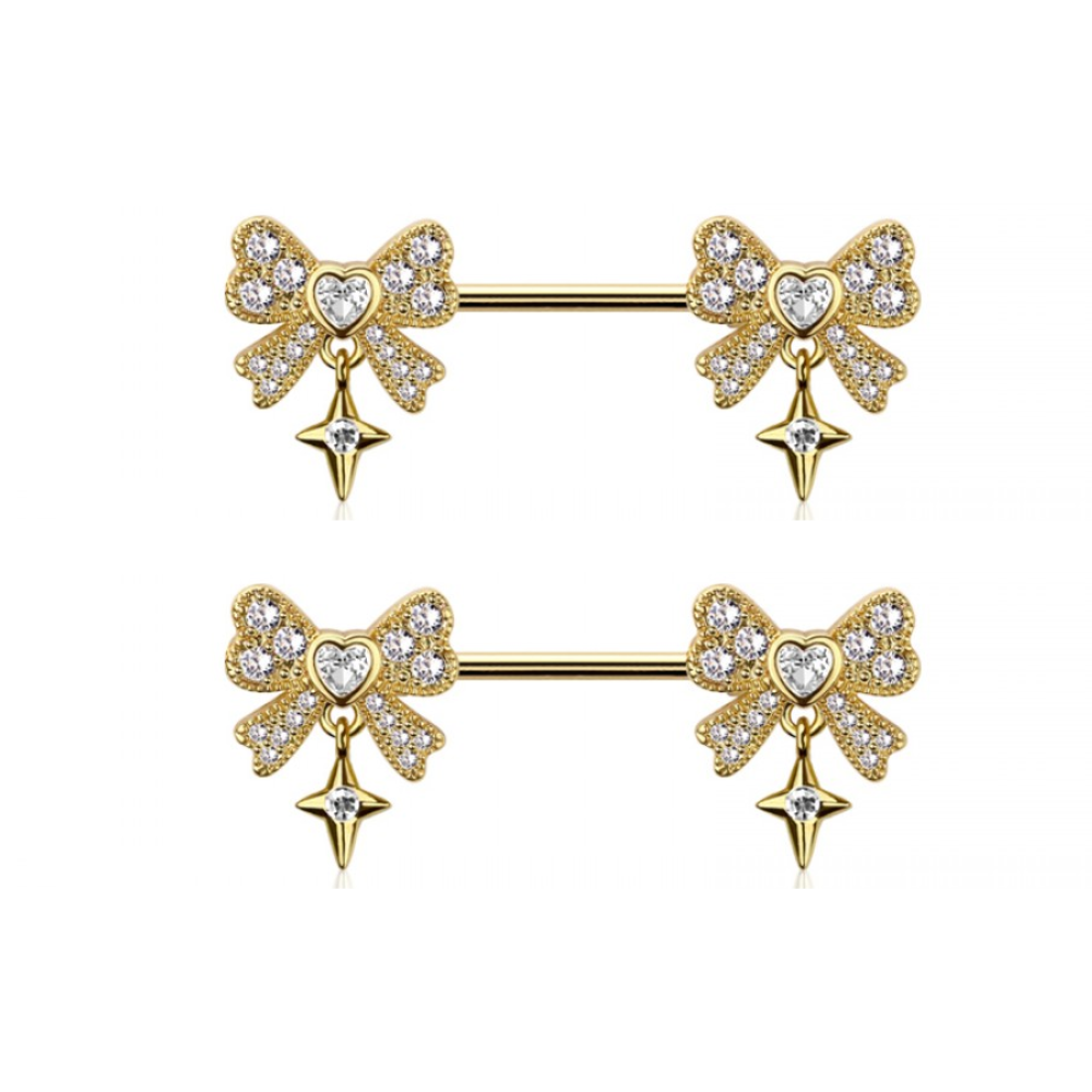 CZ Crystal Bows with Dangling Stars Nipple Barbells - Pair - 316L Stainless Steel