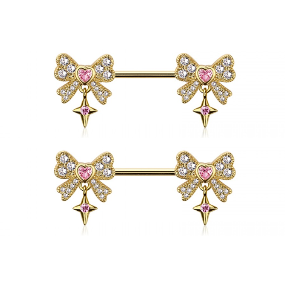 CZ Crystal Bows with Dangling Stars Nipple Barbells - Pair - 316L Stainless Steel