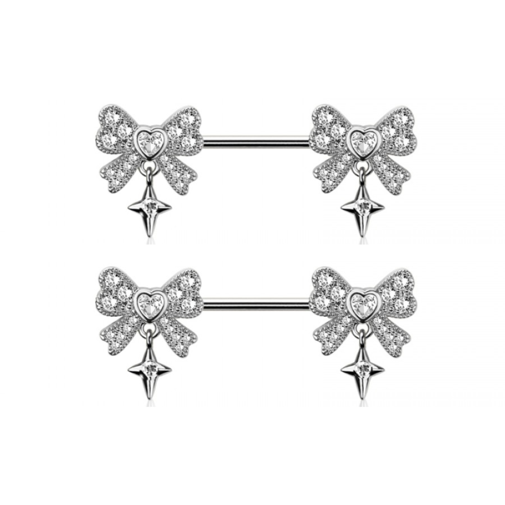CZ Crystal Bows with Dangling Stars Nipple Barbells - Pair - 316L Stainless Steel