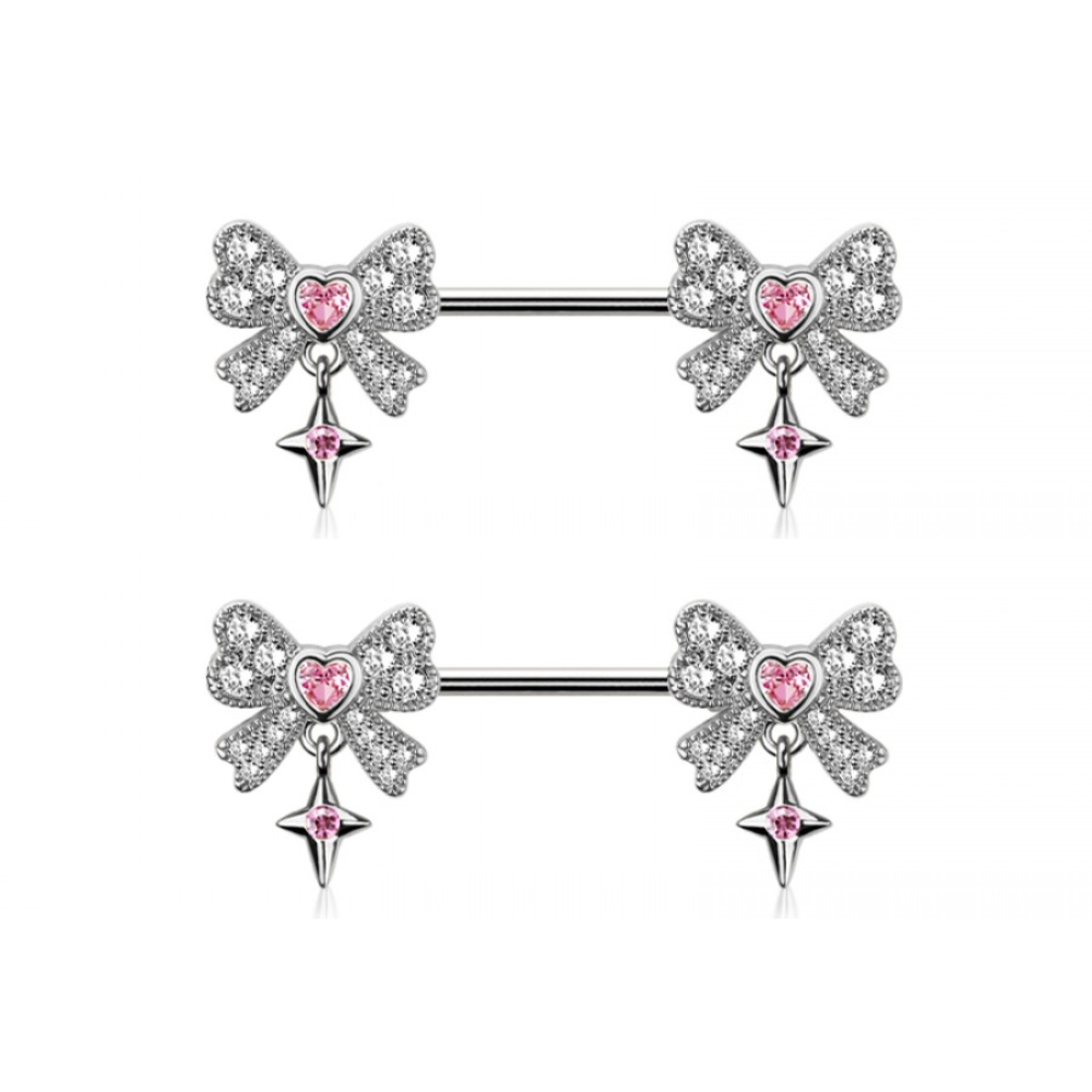CZ Crystal Bows with Dangling Stars Nipple Barbells - Pair - 316L Stainless Steel