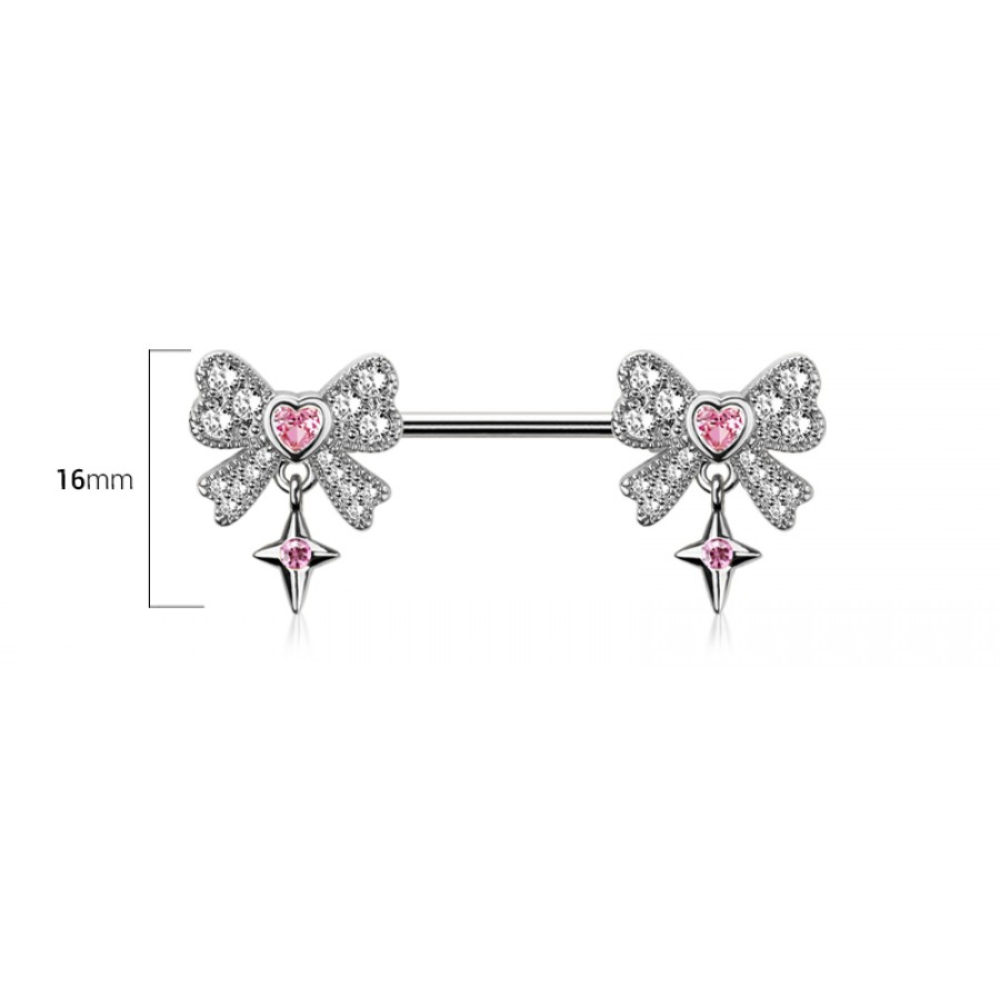 CZ Crystal Bows with Dangling Stars Nipple Barbells - Pair - 316L Stainless Steel