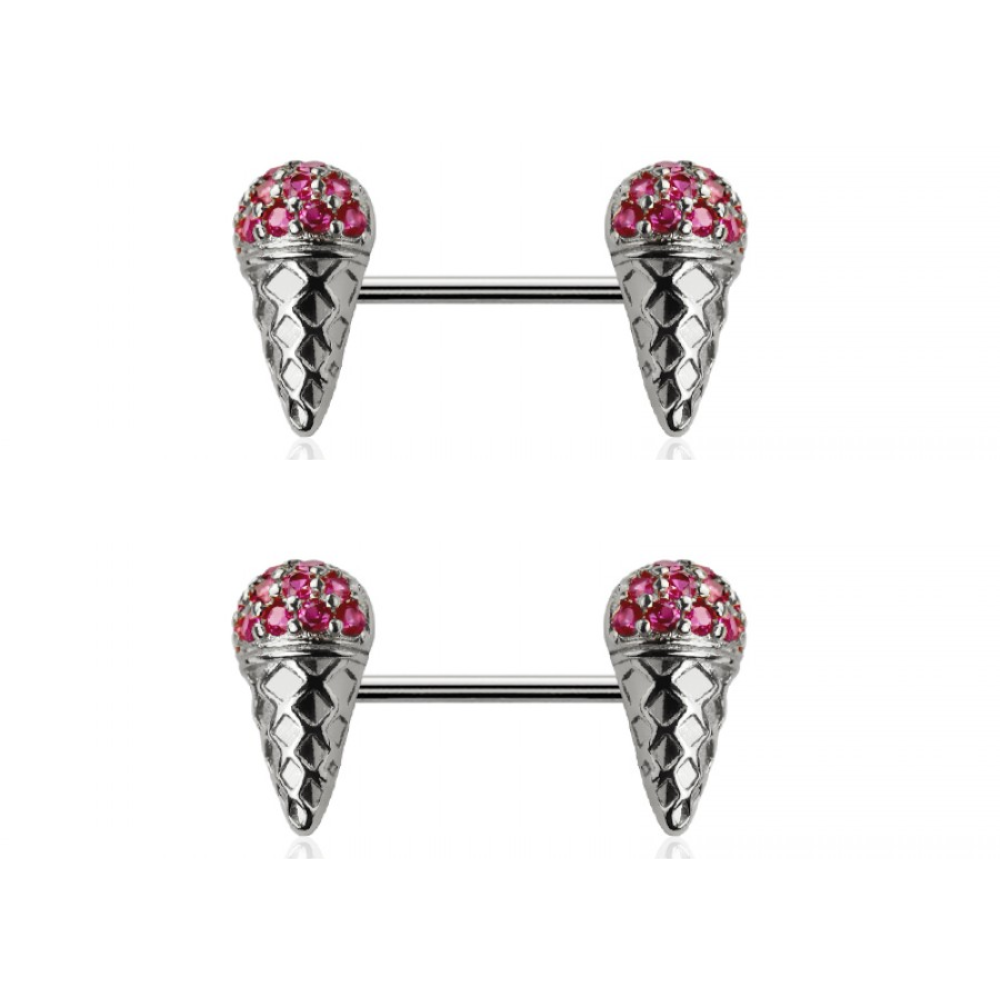 Pink CZ Crystal Ice Cream Cone Nipple Barbells - Pair - 316L Stainless Steel