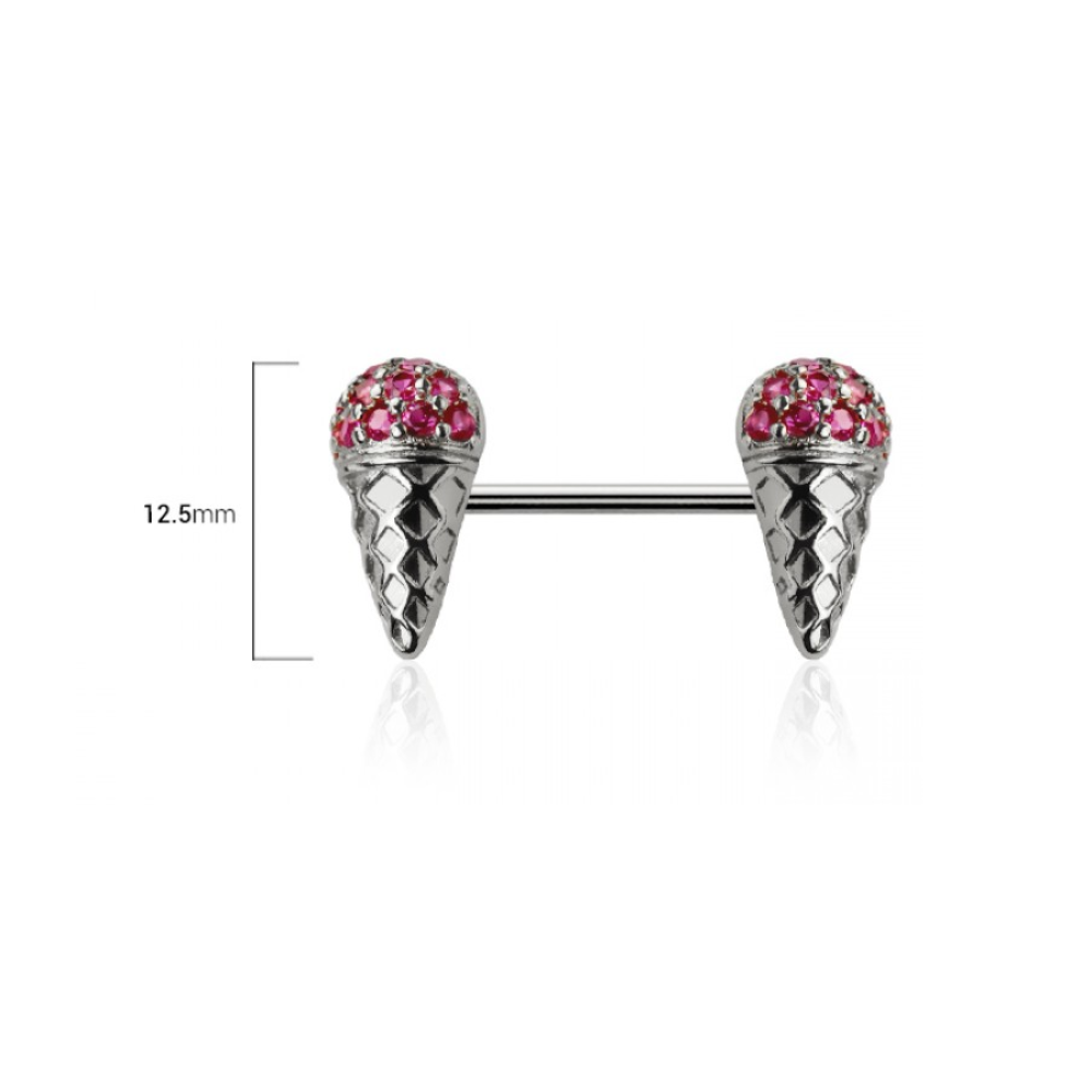 Pink CZ Crystal Ice Cream Cone Nipple Barbells - Pair - 316L Stainless Steel