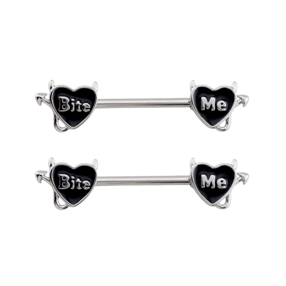 Devil Heart Bite Me Nipple Barbells - Pair - 316L Stainless Steel