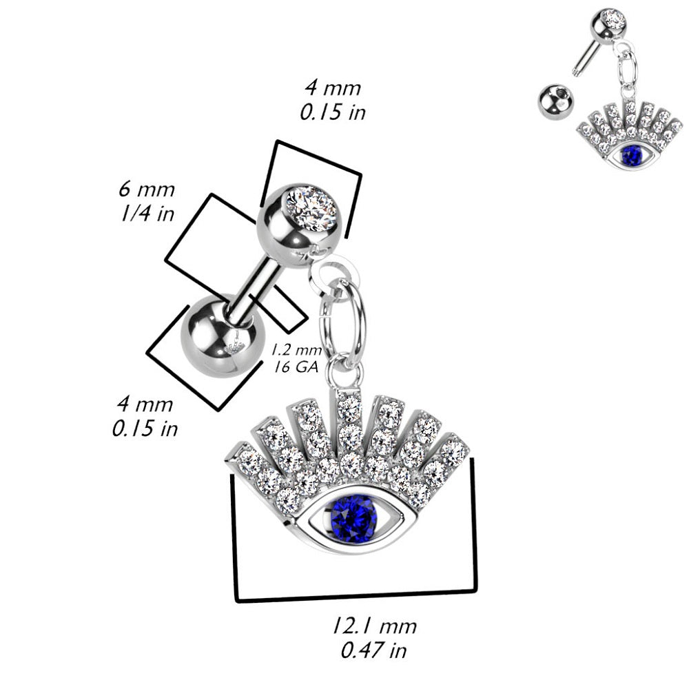 CZ Crystal Paved Lucky Eye Dangling Barbell - 316L Stainless Steel