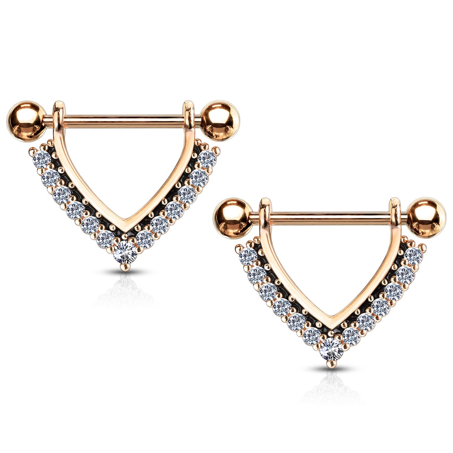 CZ Crystal Paved Black Enamel Dangling Nipple Barbells - Stainless Steel - Pair