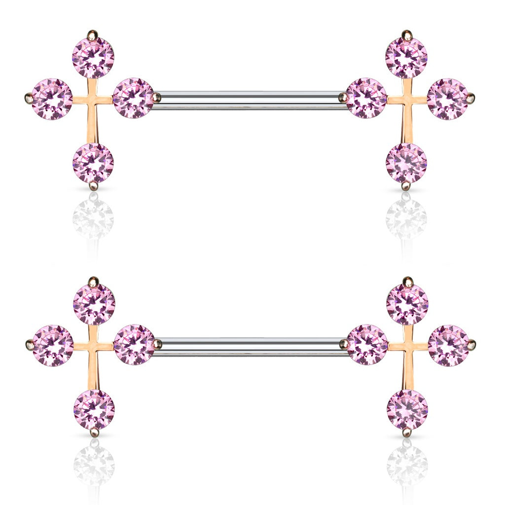 CZ Cross Ends Nipple Barbells - Pair - 316L Stainless Steel