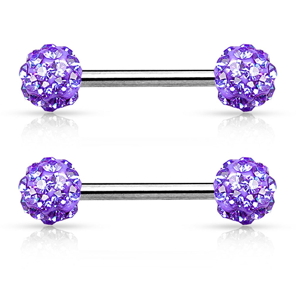 Crystal Paved Ferido Balls Nipple Barbells - Stainless Steel - Pair