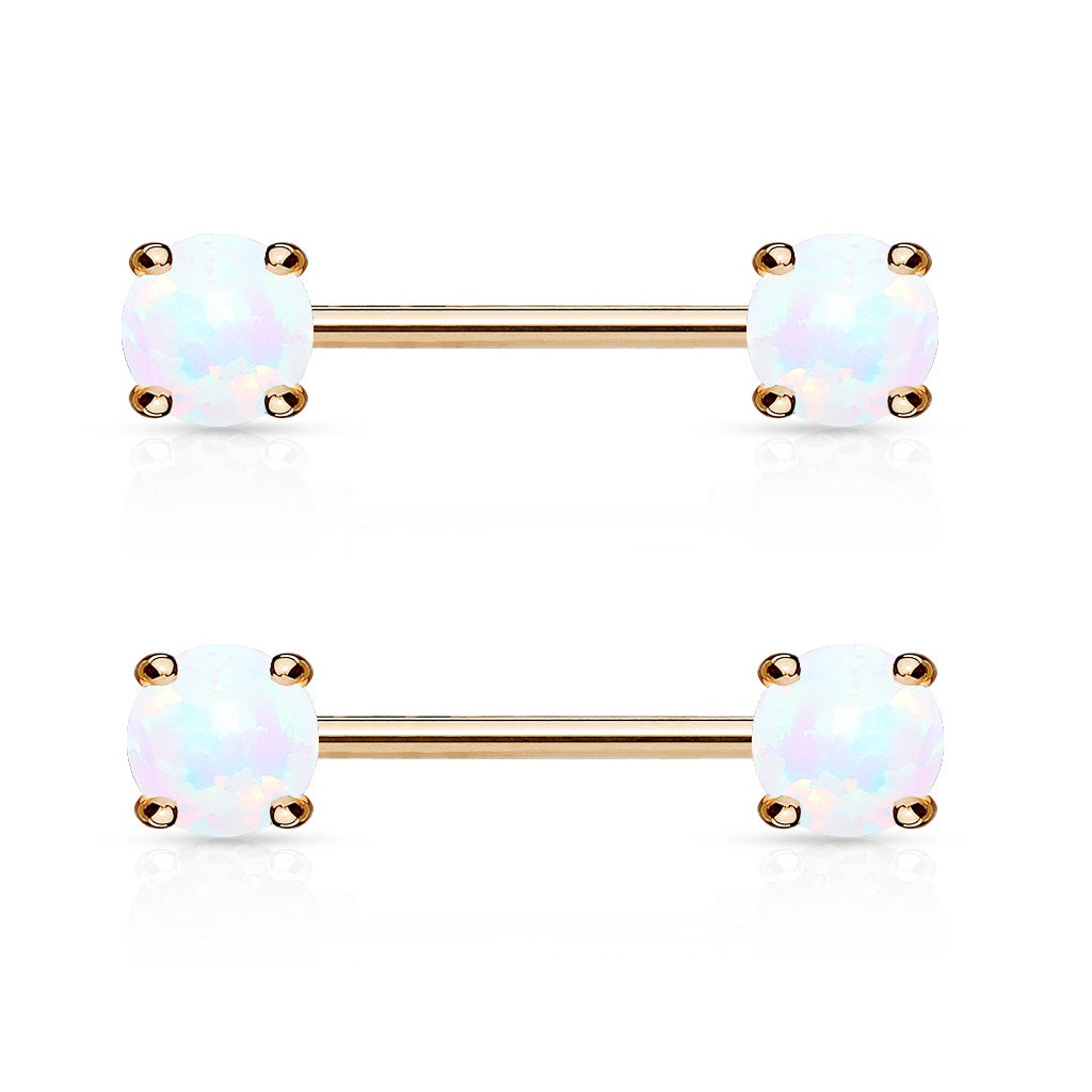 Front Facing Synthetic Opal Rose Gold Plated Nipple Barbells - Stainless Steel - Pair
