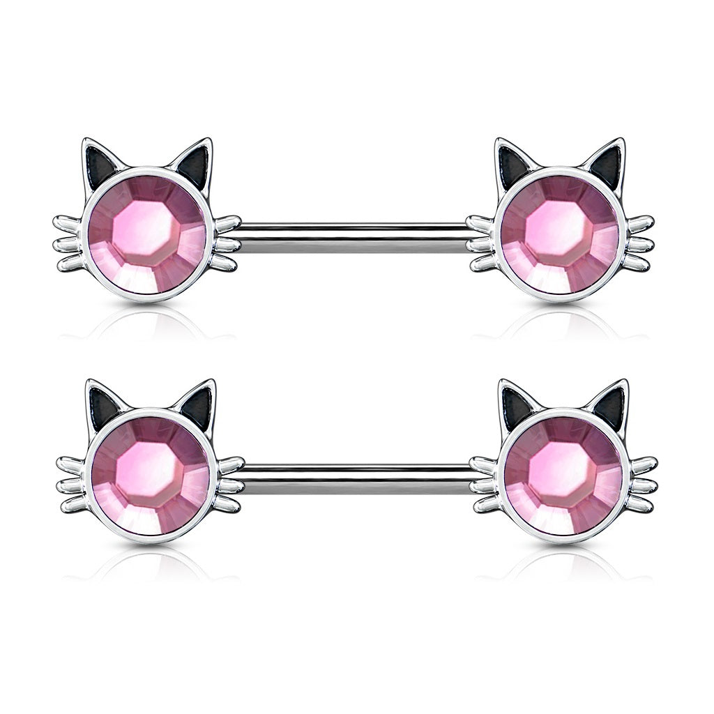 Pink Rhinestone Center Cat Face Nipple Barbells - Stainless Steel - Pair