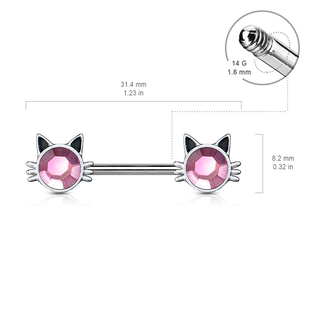 Pink Rhinestone Center Cat Face Nipple Barbells - Stainless Steel - Pair