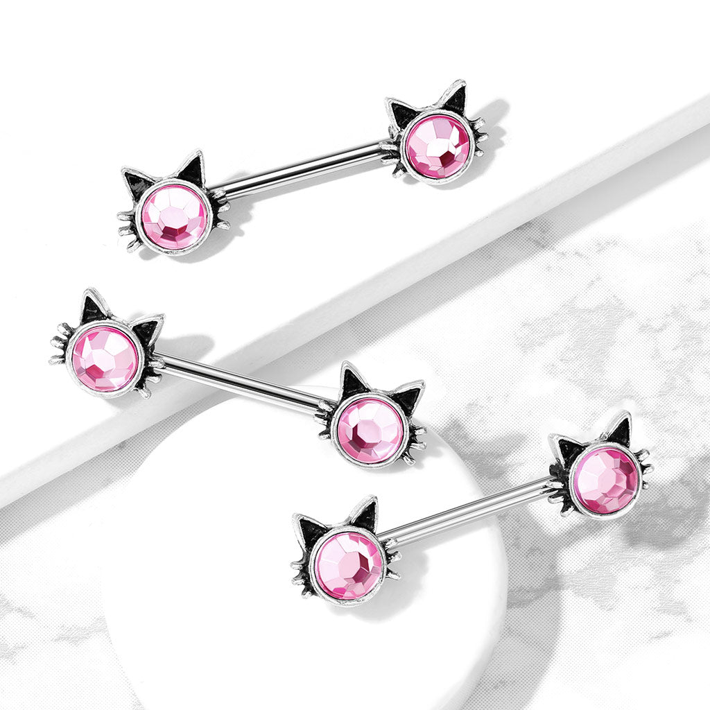 Pink Rhinestone Center Cat Face Nipple Barbells - Stainless Steel - Pair