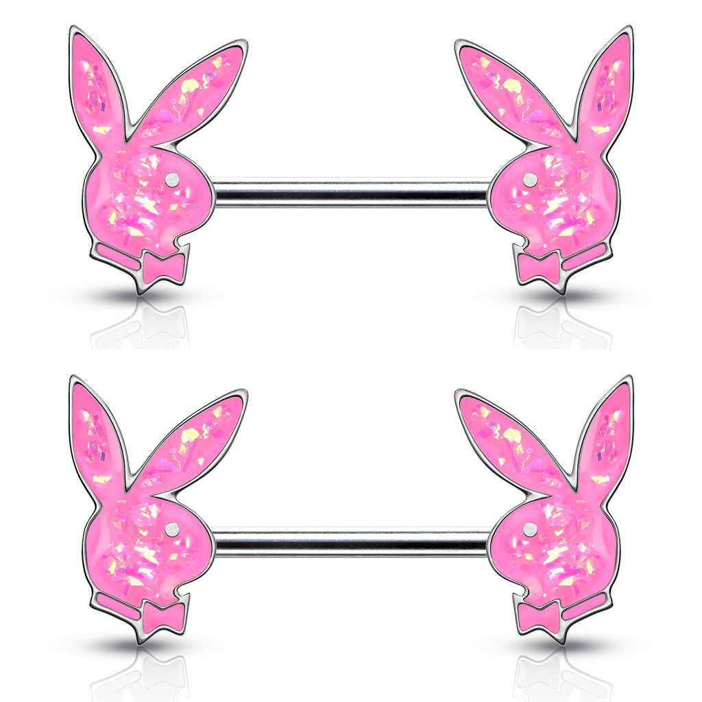 Synthetic Opal Glitter Playboy Bunny Nipple Barbells - Pair - 316L Stainless Steel