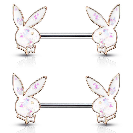 Synthetic Opal Glitter Playboy Bunny Nipple Barbells - Pair - 316L Stainless Steel