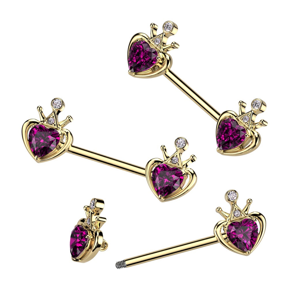Crown with Pink Gem Heart Nipple Barbells - Gold PVD 316L Stainless Steel - Pair