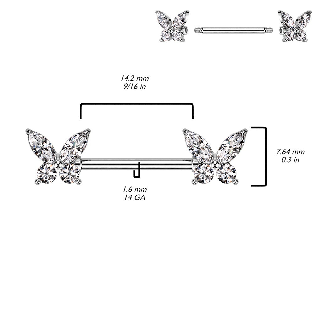 CZ Crystal Butterfly Ends Nipple Barbells - 316L Stainless Steel - Pair