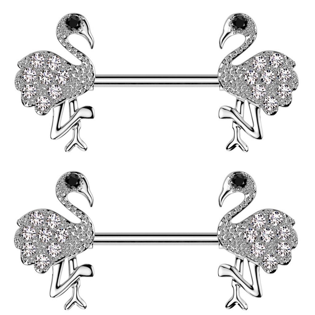 CZ Crystal Flamingo Nipple Barbells - Pair - 316L Stainless Steel
