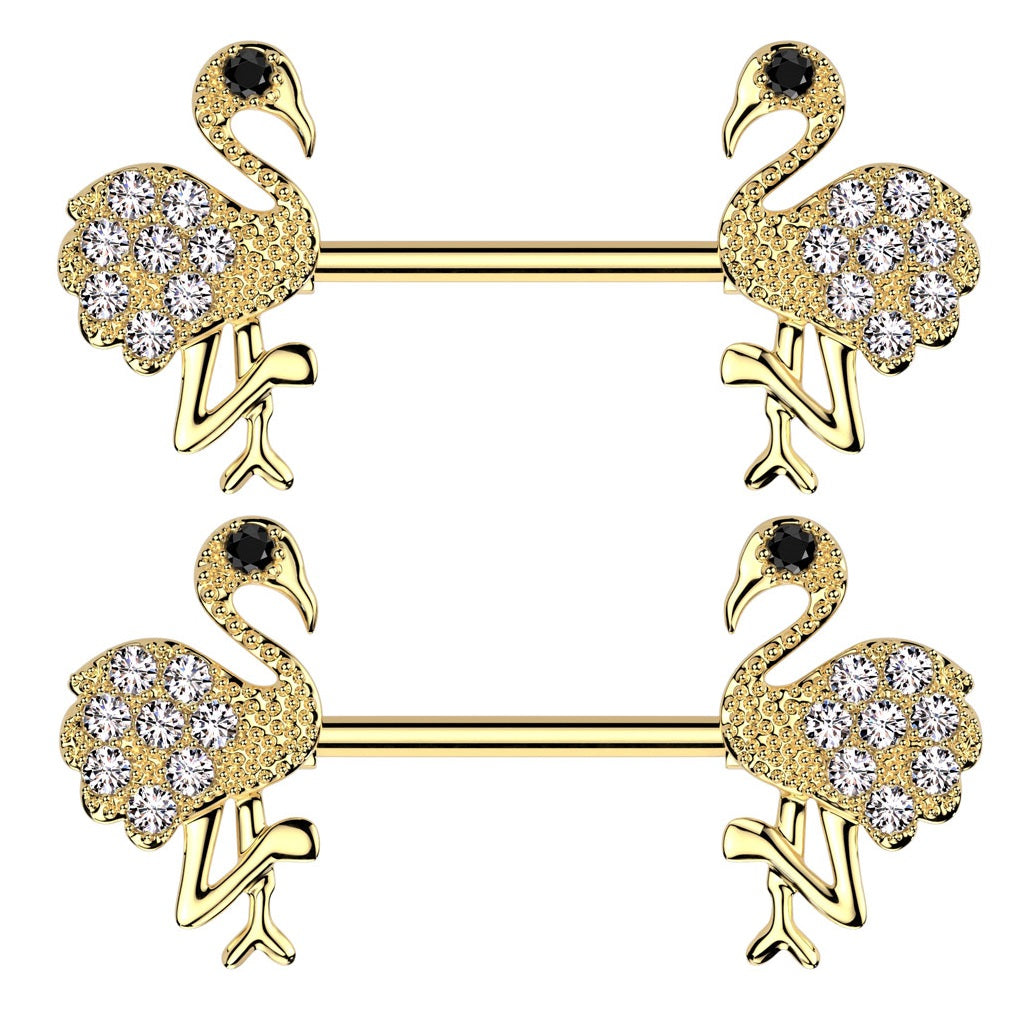CZ Crystal Flamingo Nipple Barbells - Pair - 316L Stainless Steel