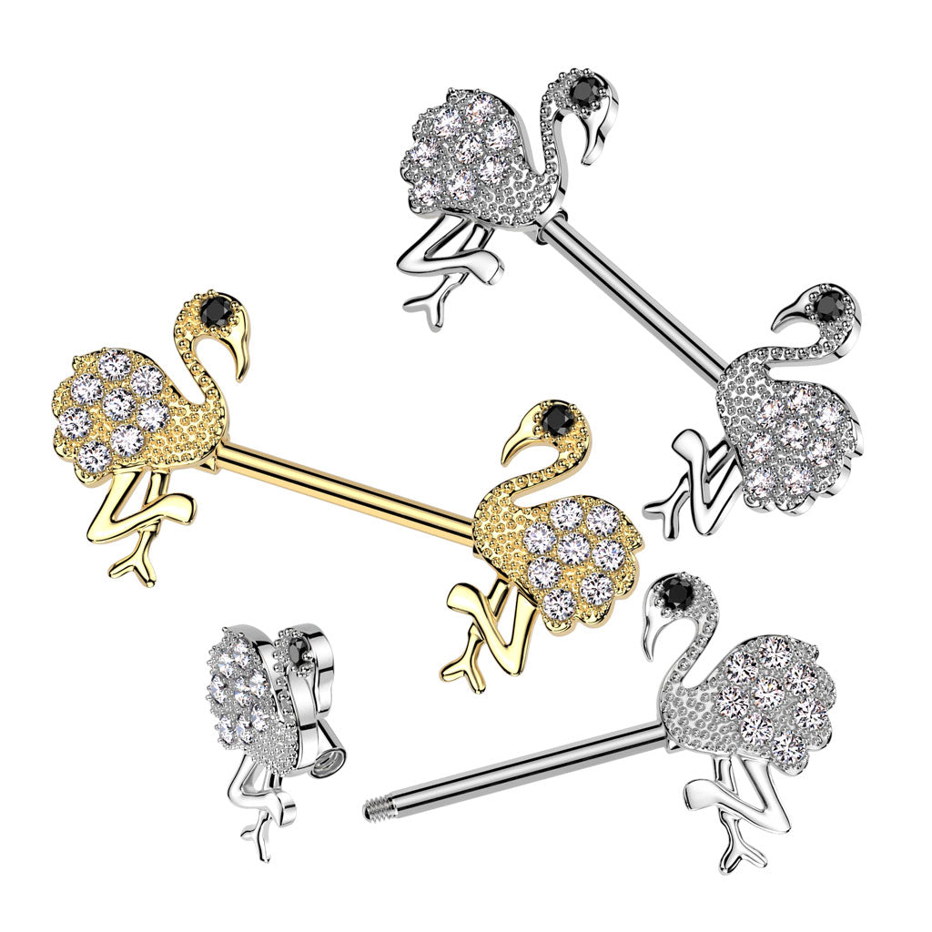 CZ Crystal Flamingo Nipple Barbells - Pair - 316L Stainless Steel