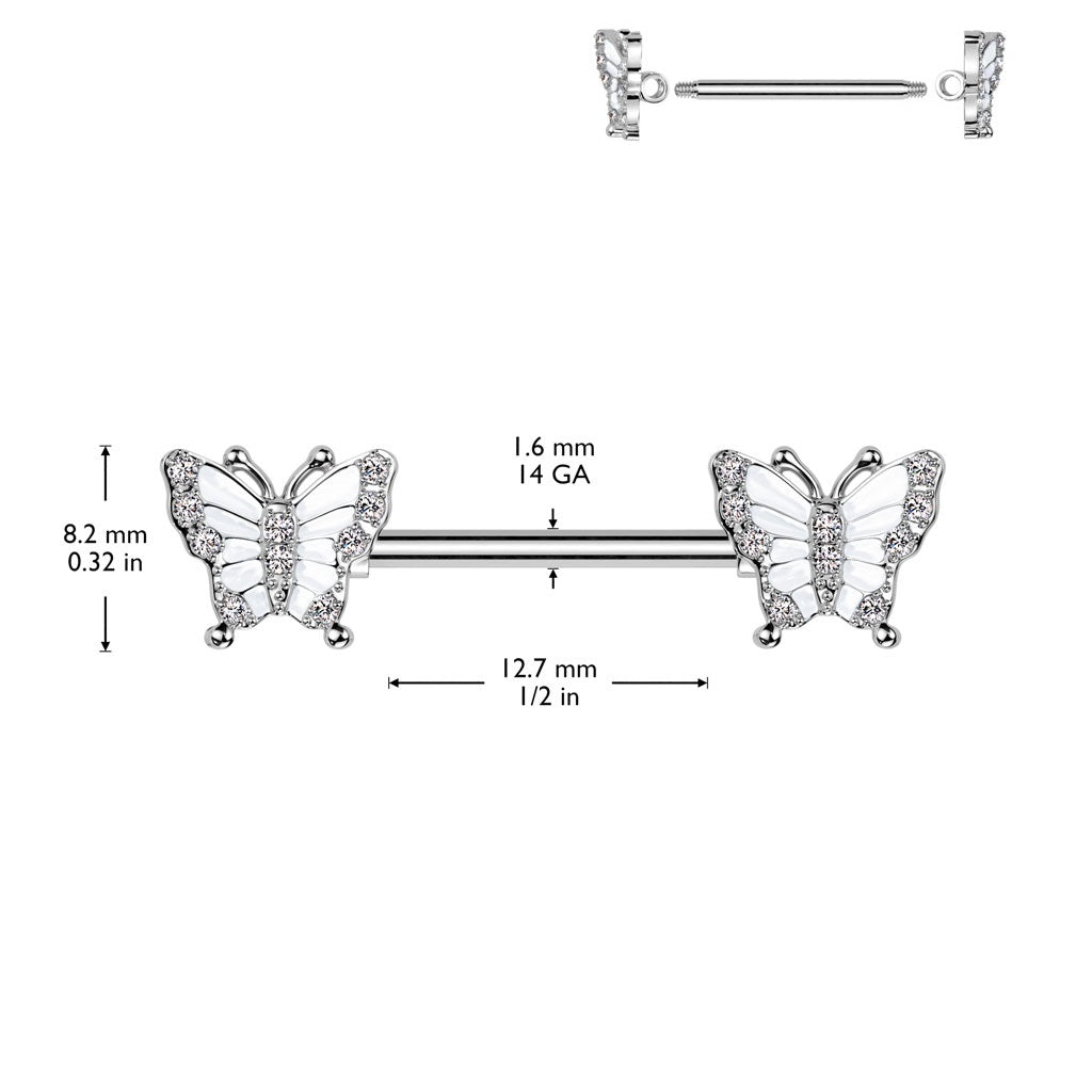 CZ Crystal Butterfly Nipple Barbells - Pair - 316L Stainless Steel