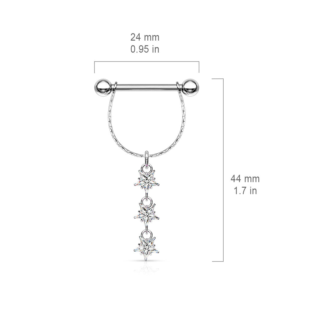 Three Dangling CZ Stars Barbell Nipple Shield Rings - 316L Stainless Steel - Pair