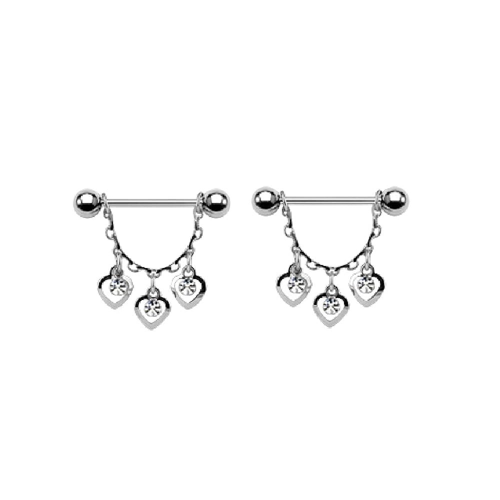 Triple Dangling Hearts with Inner Dangling CZs Nipple Shield Barbells - 316L Stainless Steel - Pair