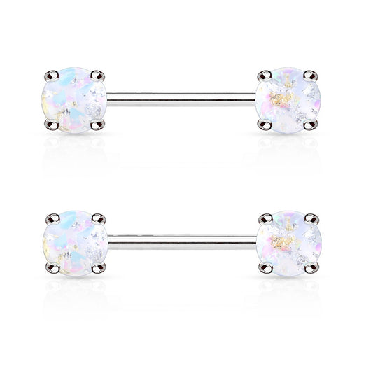 Lava Glitter Stone Prong Set Nipple Barbells - Stainless Steel - Pair