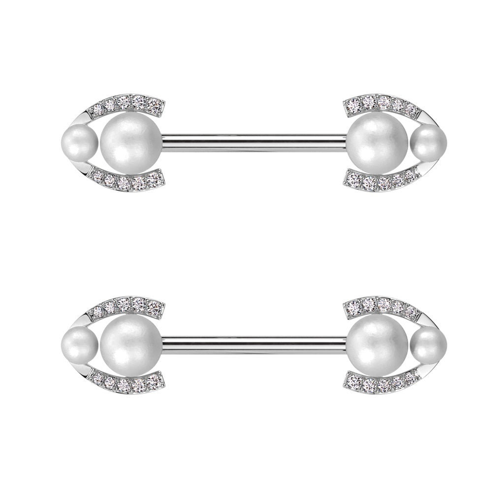 Double Synthetic Pearl with CZ Crystal Horseshoe Ends Nipple Barbells - Pair - 316L Stainless Steel