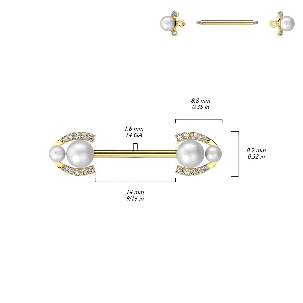 Double Synthetic Pearl with CZ Crystal Horseshoe Ends Nipple Barbells - Pair - 316L Stainless Steel