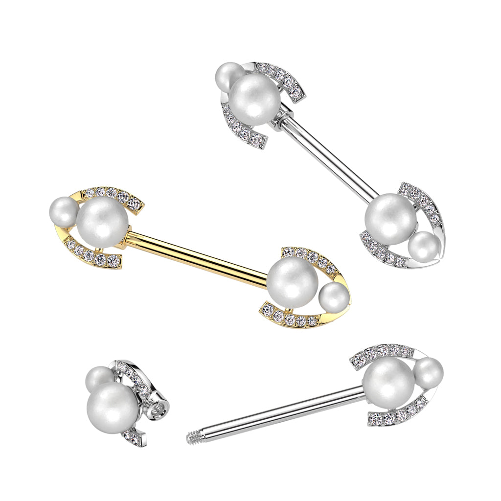 Double Synthetic Pearl with CZ Crystal Horseshoe Ends Nipple Barbells - Pair - 316L Stainless Steel