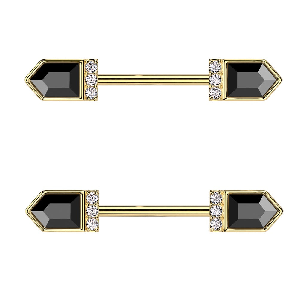 Pointed CZ Crystal Baguette Ends Nipple Barbells - Pair - 316L Stainless Steel