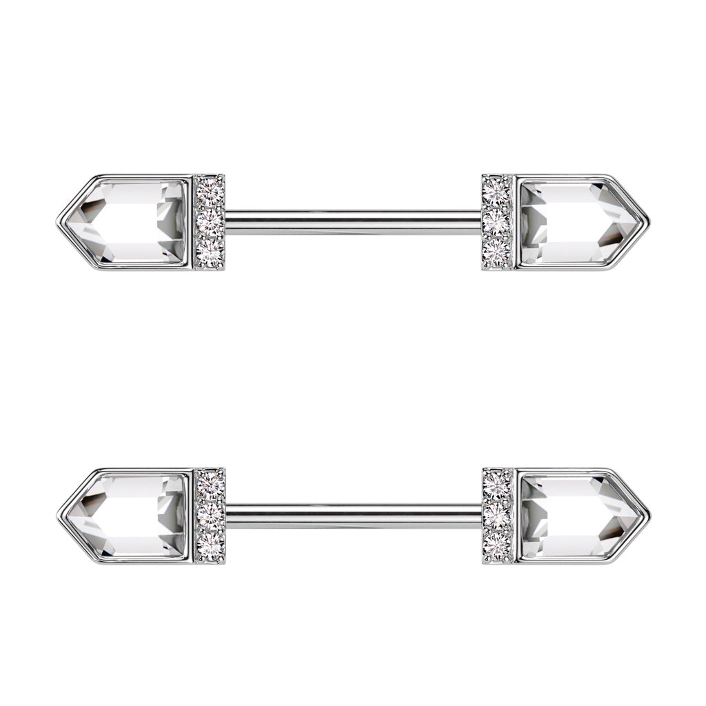 Pointed CZ Crystal Baguette Ends Nipple Barbells - Pair - 316L Stainless Steel