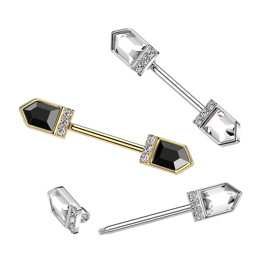 Pointed CZ Crystal Baguette Ends Nipple Barbells - Pair - 316L Stainless Steel