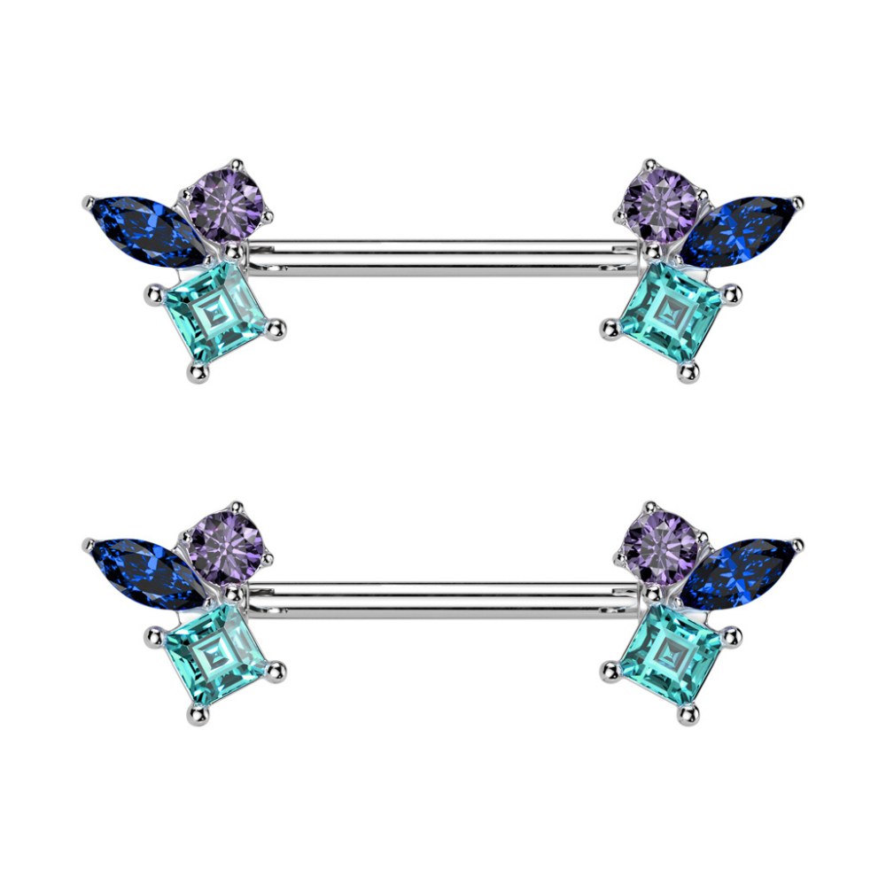 Triple CZ Crystal Cluster Nipple Barbells - Pair - 316L Stainless Steel