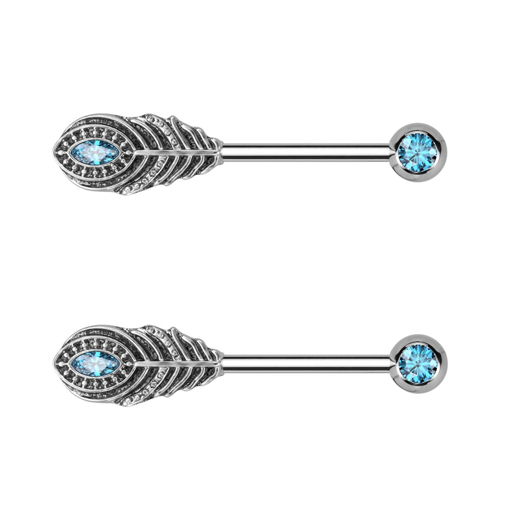 CZ Crystal Feather Ends Nipple Barbells - Pair - 316L Stainless Steel