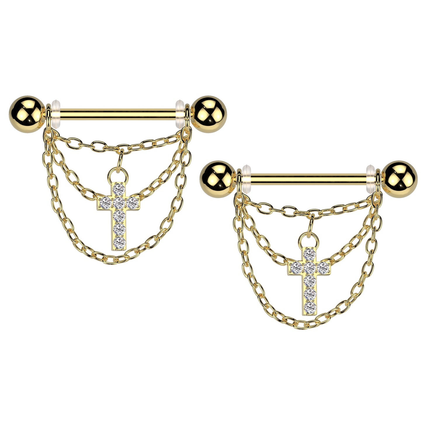 Dangling CZ Crystal Paved Cross and Chains Nipple Barbells - Pair - 316L Stainless Steel