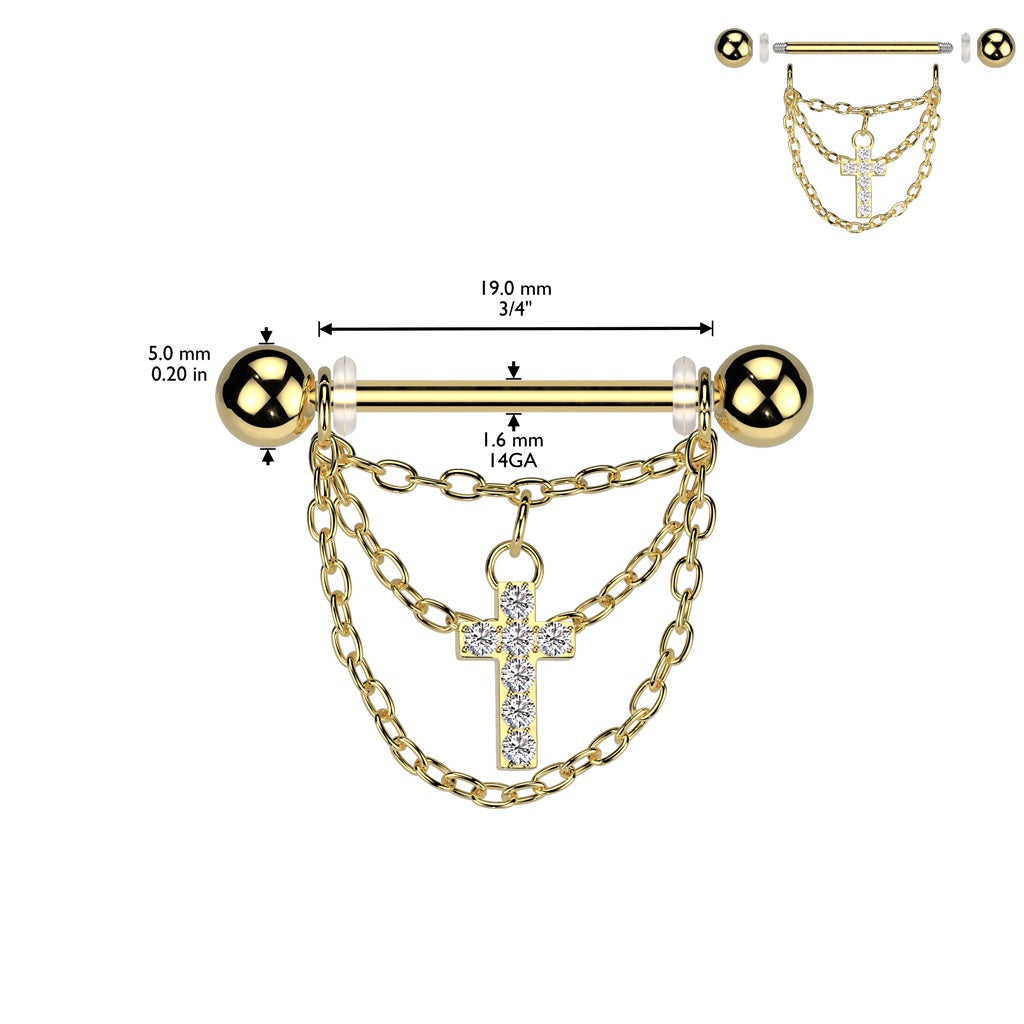 Dangling CZ Crystal Paved Cross and Chains Nipple Barbells - Pair - 316L Stainless Steel