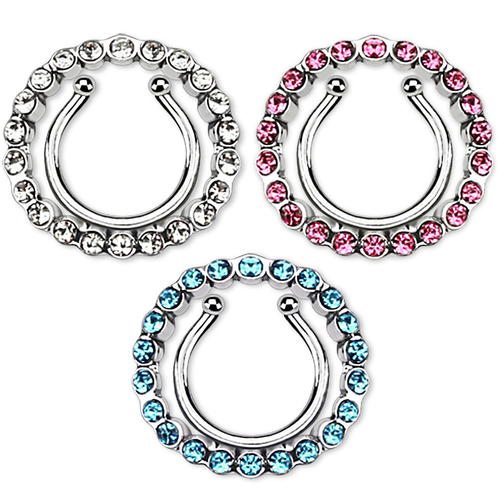 CZ Crystal Paved Circle No Pierce Fake Clip On Nipple Ring - Stainless Steel - Pair