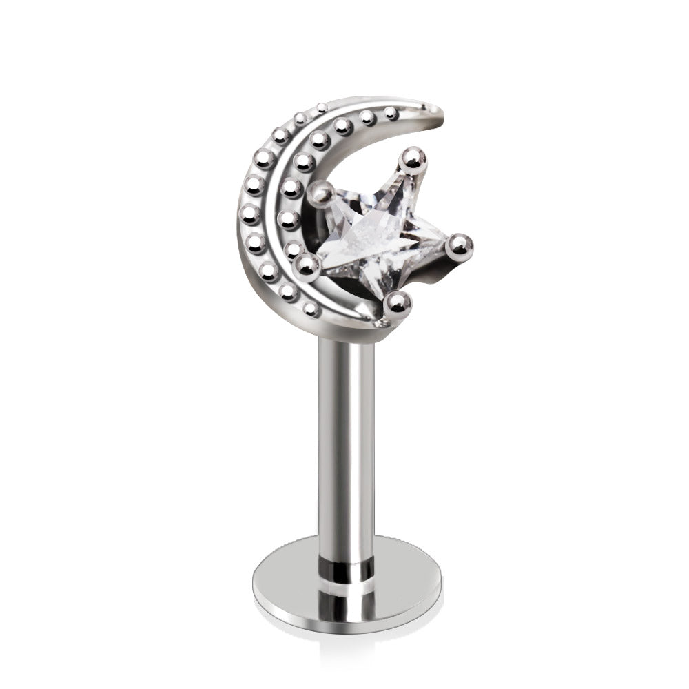 Moon and CZ Crystal Star Labret Stud - 316L Stainless Steel