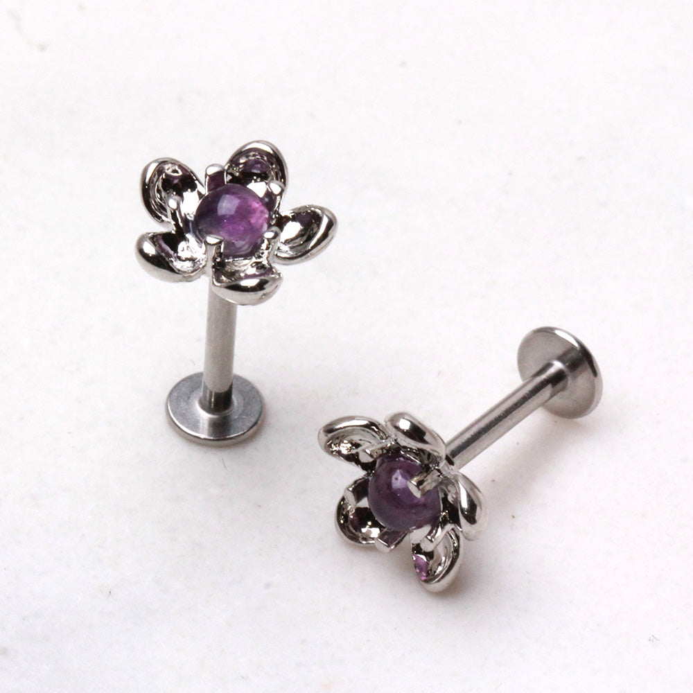 Purple Stone Flower Flat Back Stud - 316L Stainless Steel