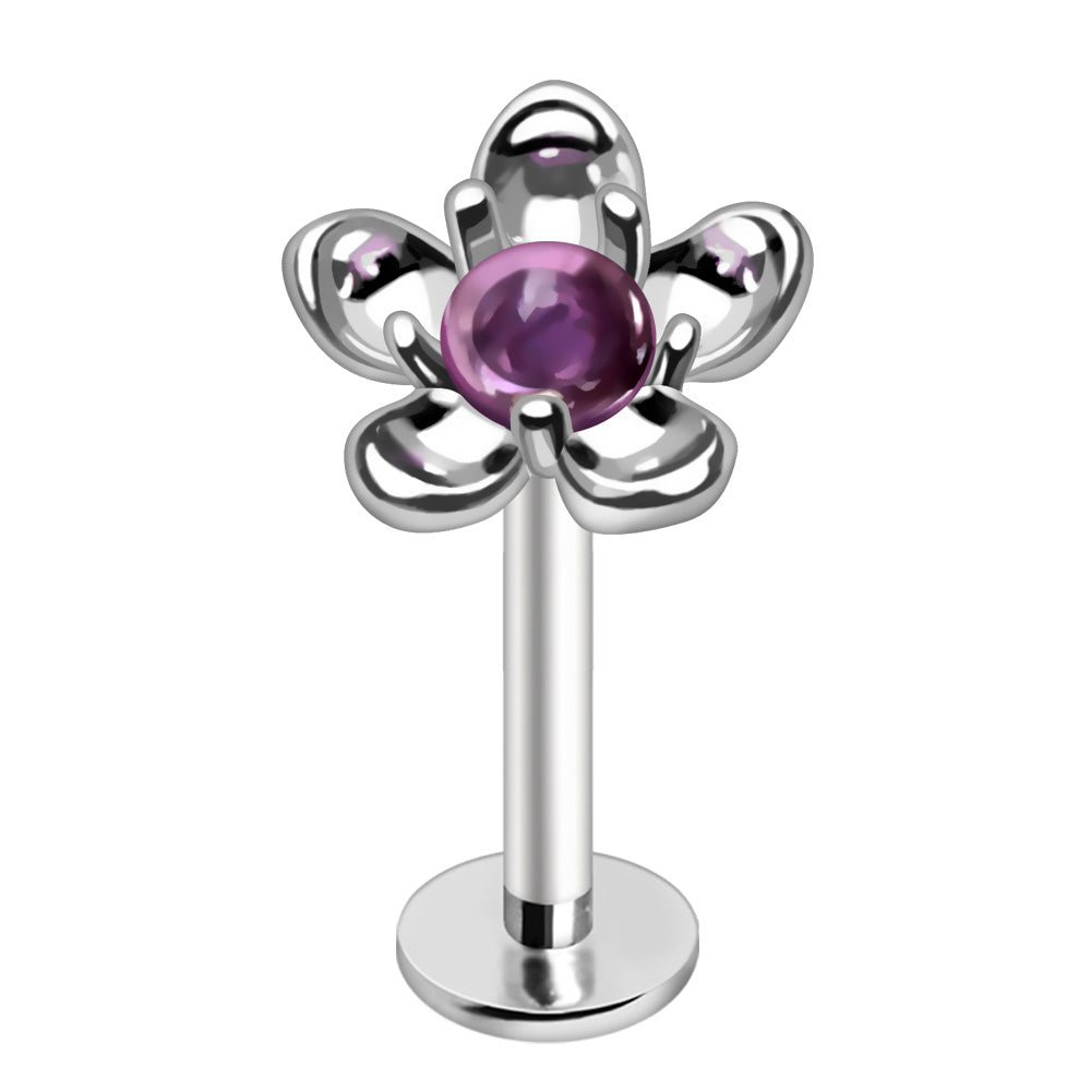 Purple Stone Flower Flat Back Stud - 316L Stainless Steel