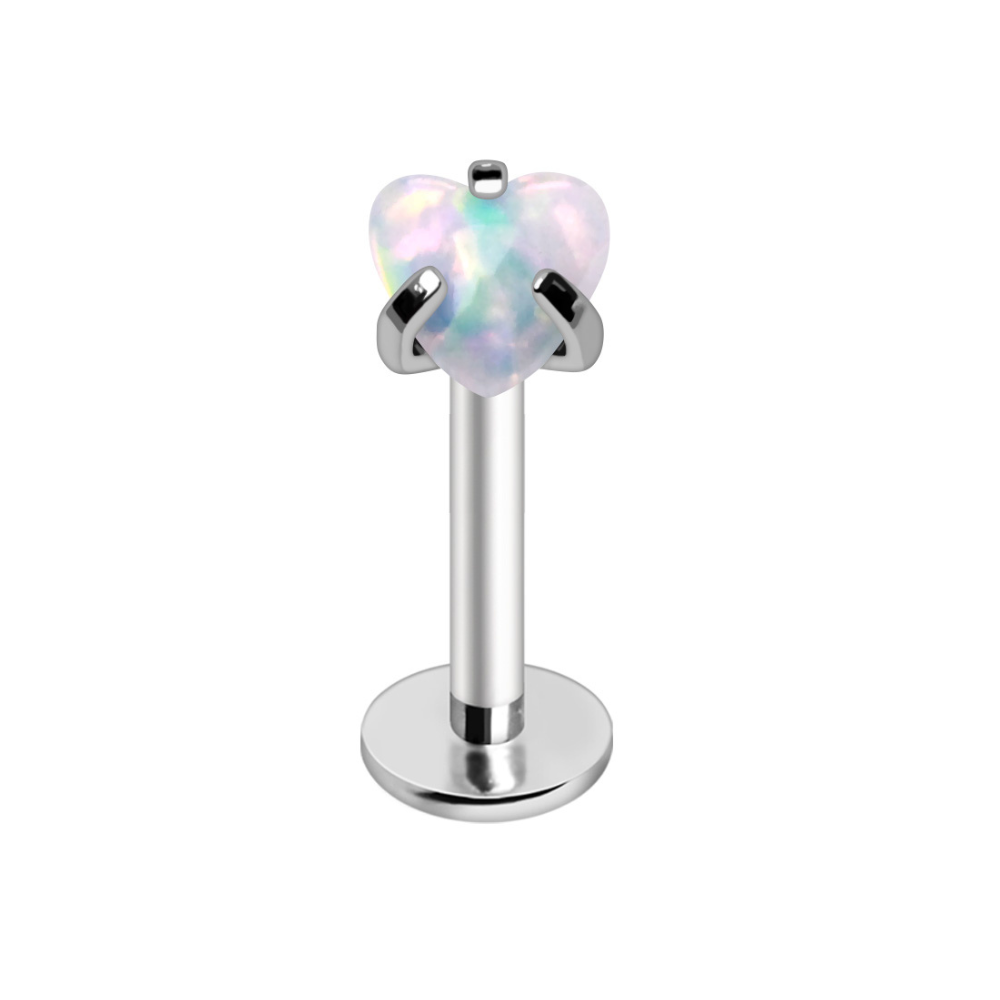 Internally Threaded Prong Set Synthetic Opal Heart Flat Back Stud - 316L Stainless Steel
