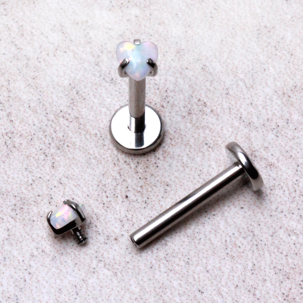 Internally Threaded Prong Set Synthetic Opal Heart Flat Back Stud - 316L Stainless Steel