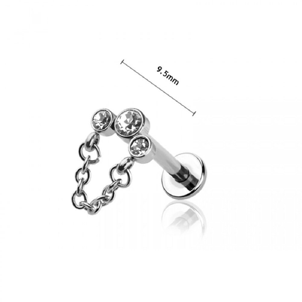 Internally Threaded Triple CZ Crystal with Dangling Chain Top Flat Back Labret Stud - 316L Stainless Steel