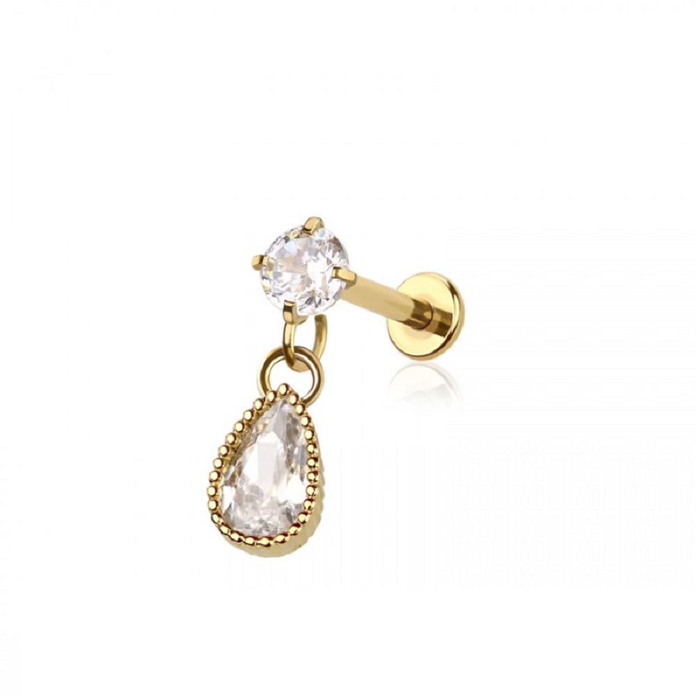 Internally Threaded CZ Crystal with Dangling Teardrop Flat Back Labret Stud - 316L Stainless Steel