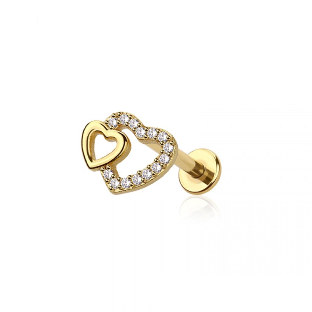 Internally Threaded CZ Crystal Double Heart Flat Back Stud - 316L Stainless Steel