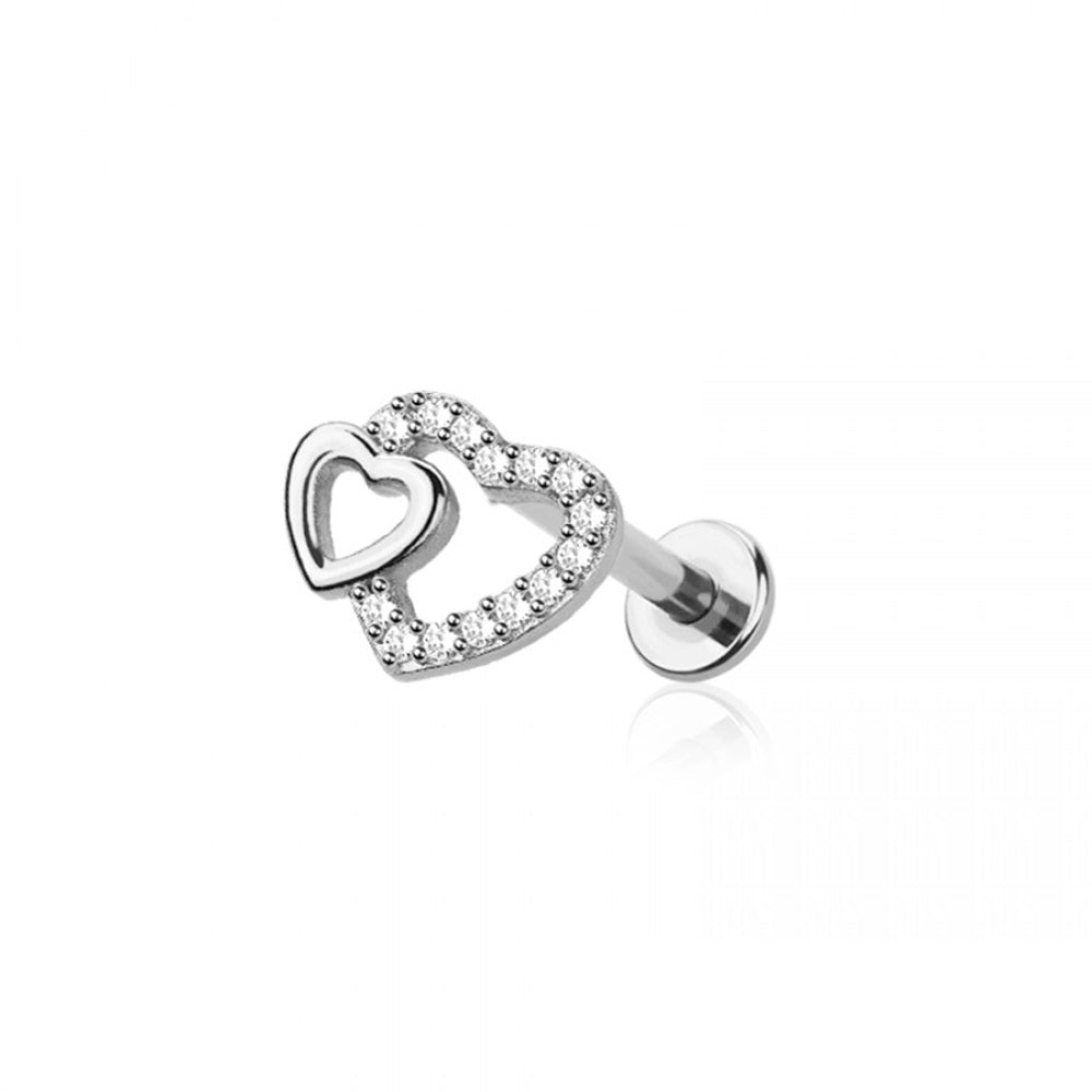 Internally Threaded CZ Crystal Double Heart Flat Back Stud - 316L Stainless Steel
