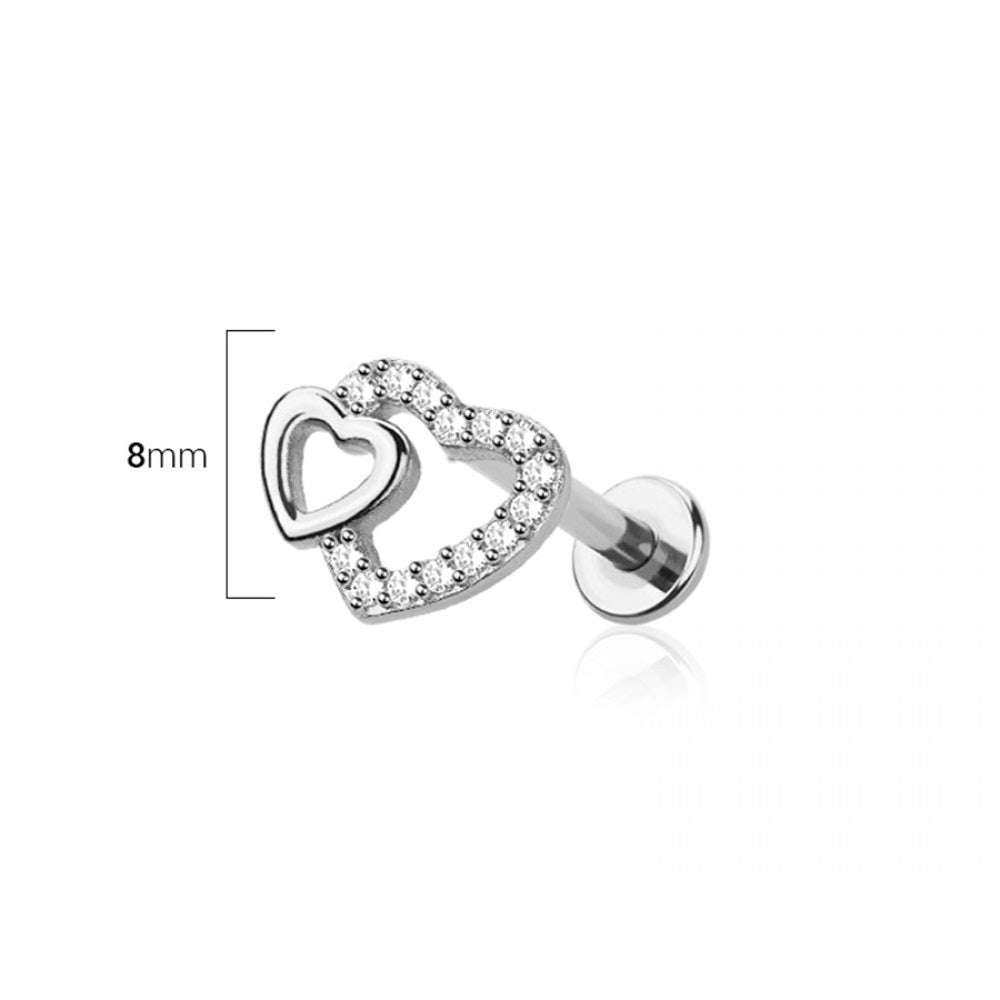 Internally Threaded CZ Crystal Double Heart Flat Back Stud - 316L Stainless Steel