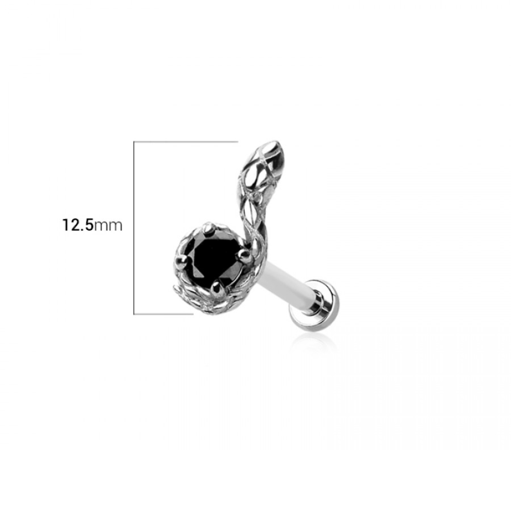 Threadless Push In Snake with Black CZ Crystal Center Flat Back Stud - 316L Stainless Steel
